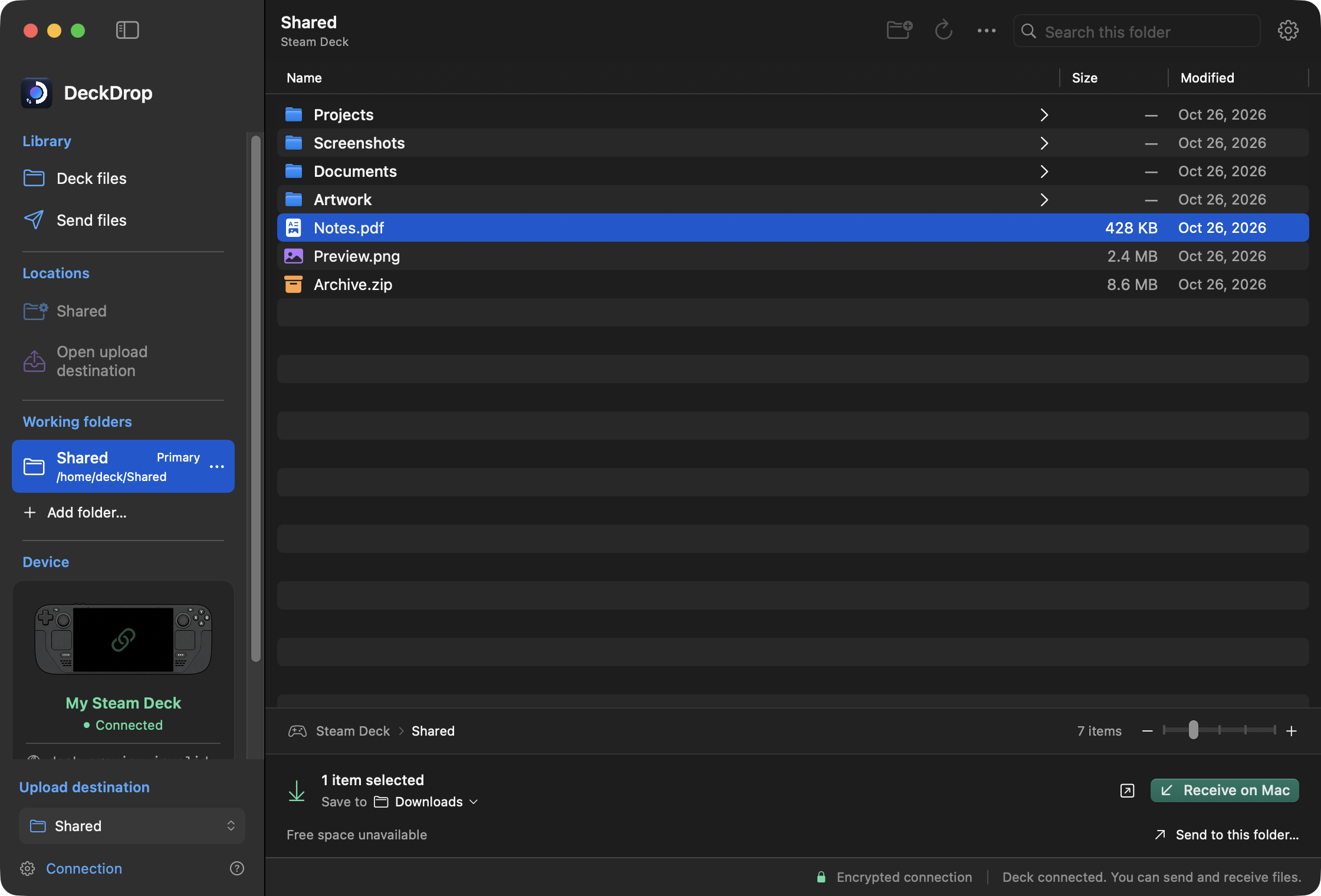 DeckMove on macOS, browsing sample folders on a Steam Deck