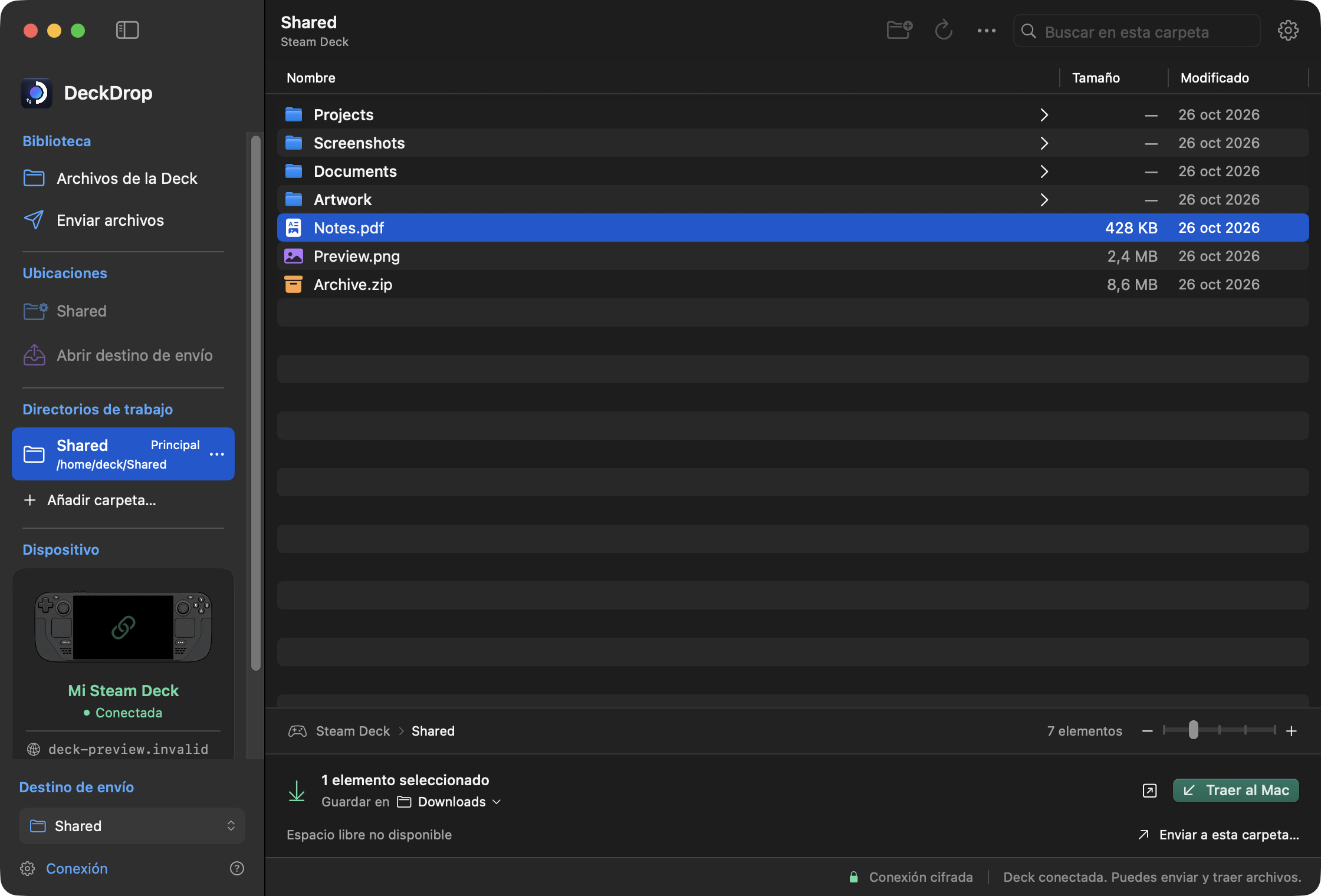 DeckMove en macOS explorando carpetas de ejemplo en una Steam Deck